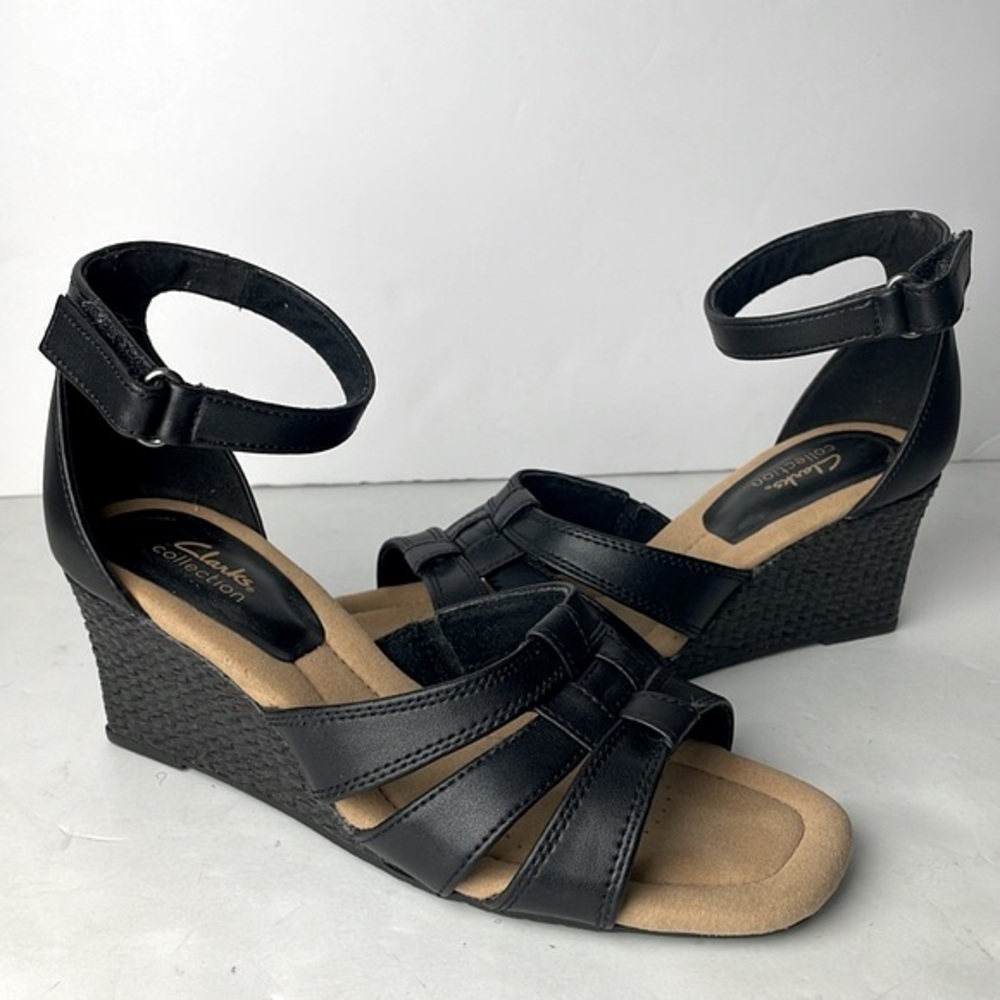 Clarks Kyarra Joy Black Wedge Sandals 7.5
